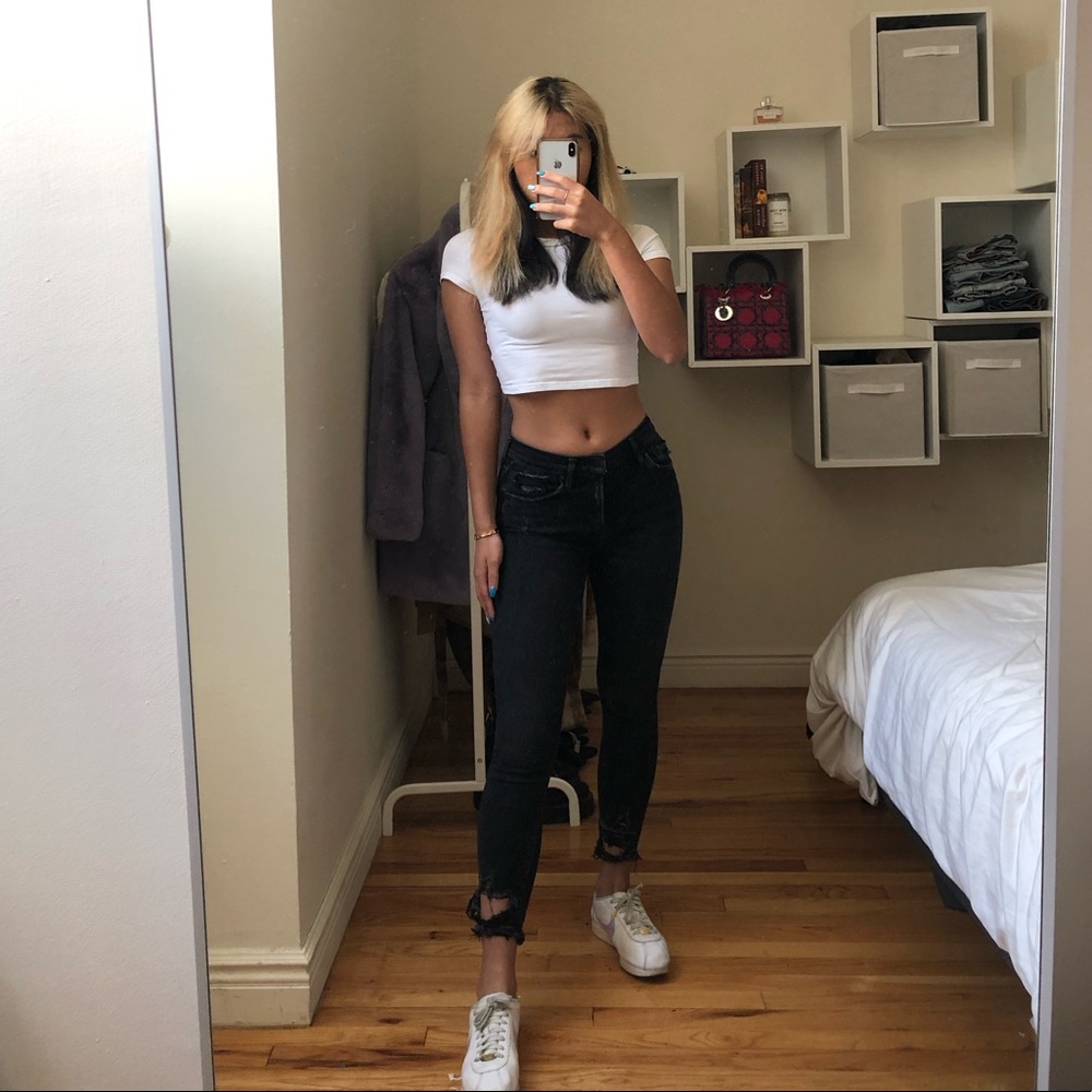 agolde black skinny jeans with distressed details